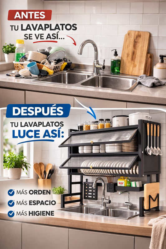 Escurridor Doble Nivel Con Puertas 🤩– Organiza y Protege Tu Cocina