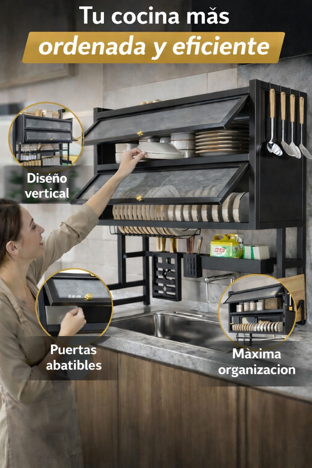Escurridor de Platos Premium de 2 Niveles con Puertas – Organizador de Cocina