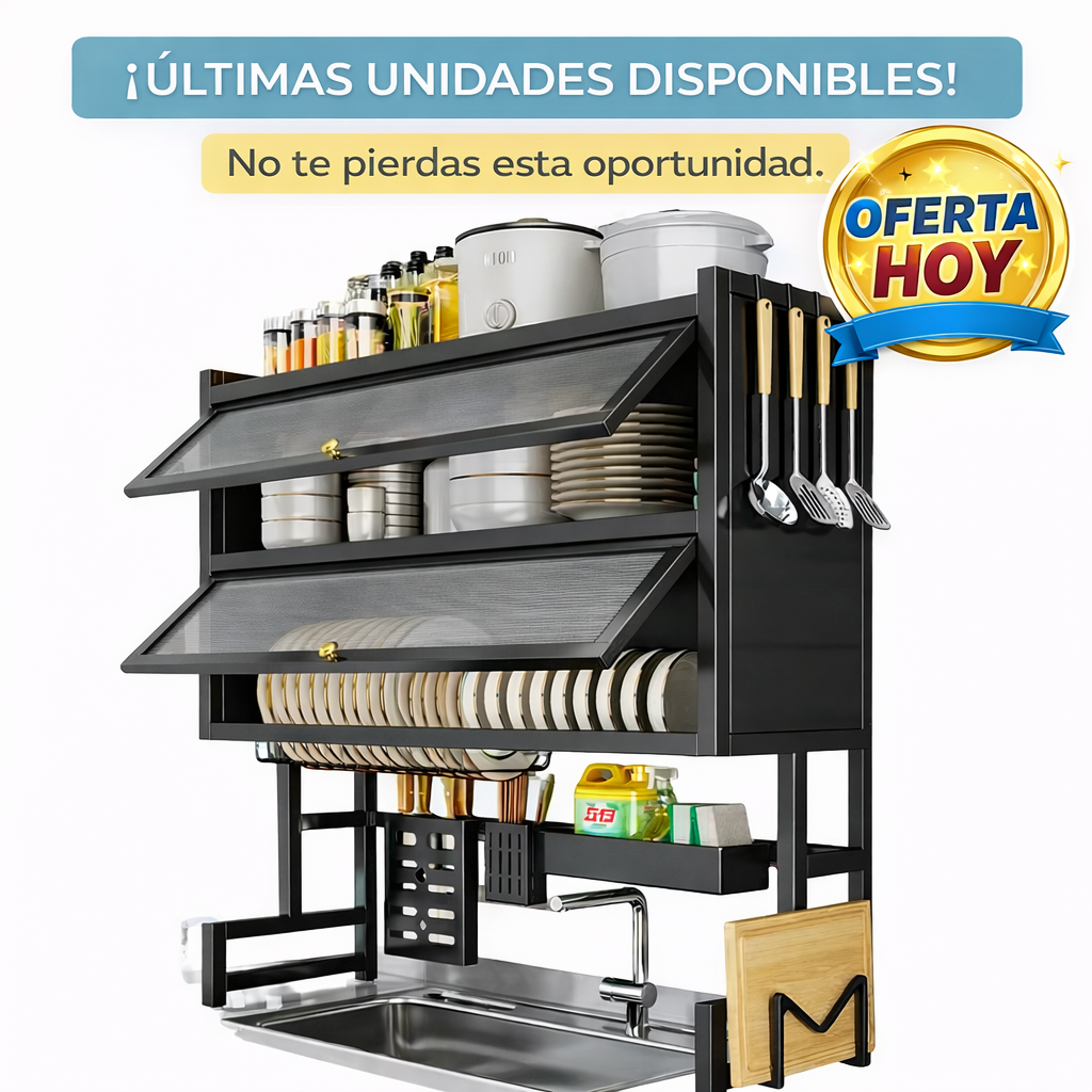 Escurridor de Platos Premium de 2 Niveles con Puertas – Organizador de Cocina