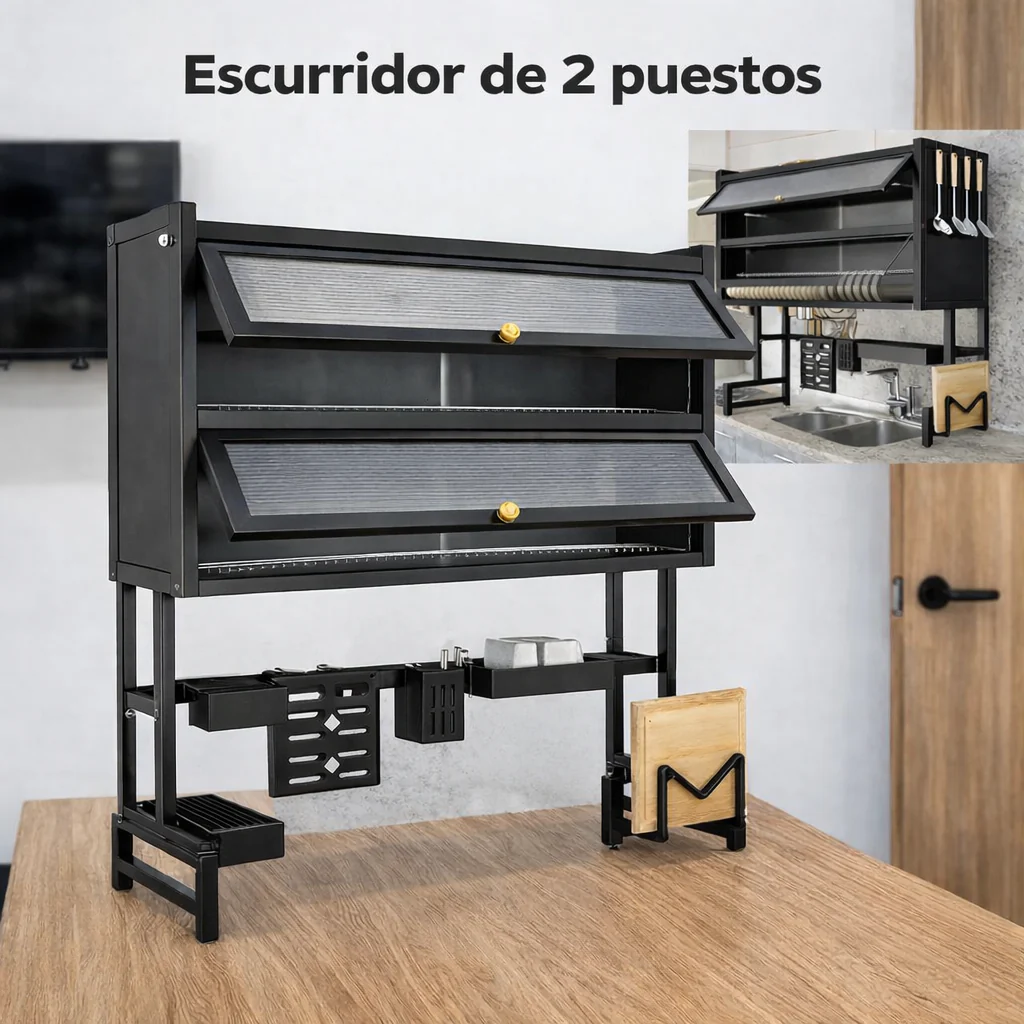 Escurridor de Platos Premium de 2 Niveles con Puertas – Organizador de Cocina
