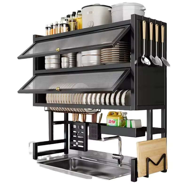 Escurridor de Platos Premium de 2 Niveles con Puertas – Organizador de Cocina